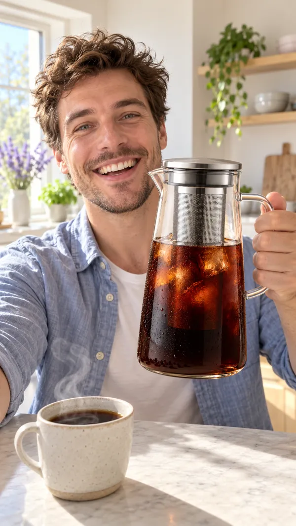 An illustration of a presenter holding the cold brew bottle