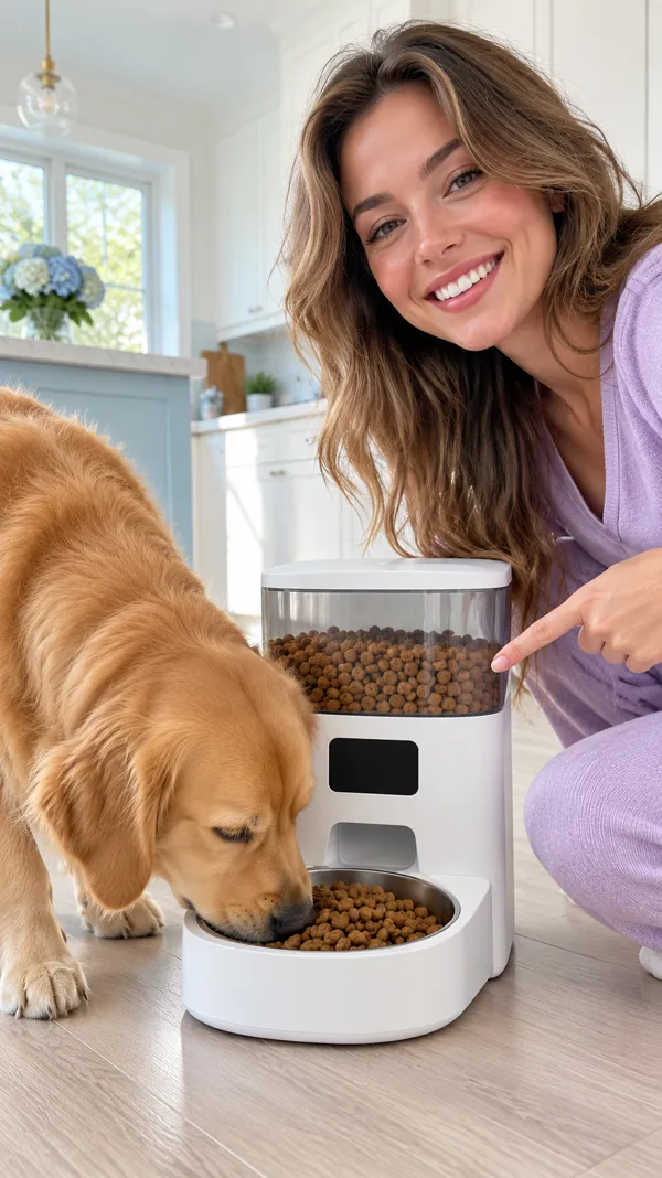 An illustration of a person showing the pet feeder after taking it out