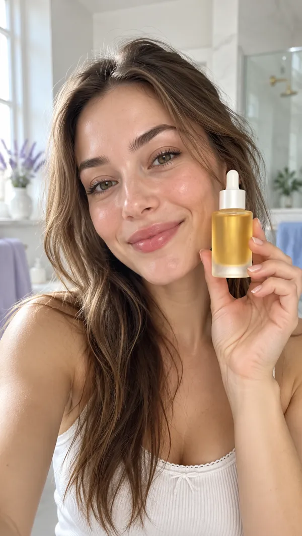An illustration of a woman holding the serum bottle up to the camera