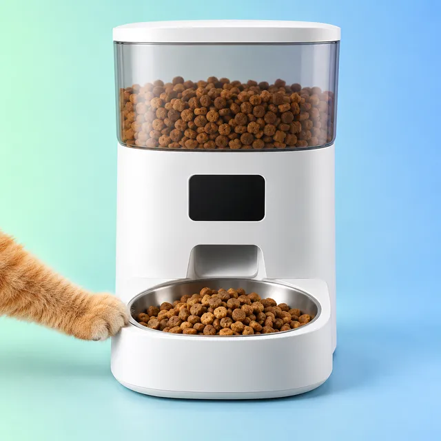 A white automatic pet feeder full of dry food, with a cat paw reaching into the bowl