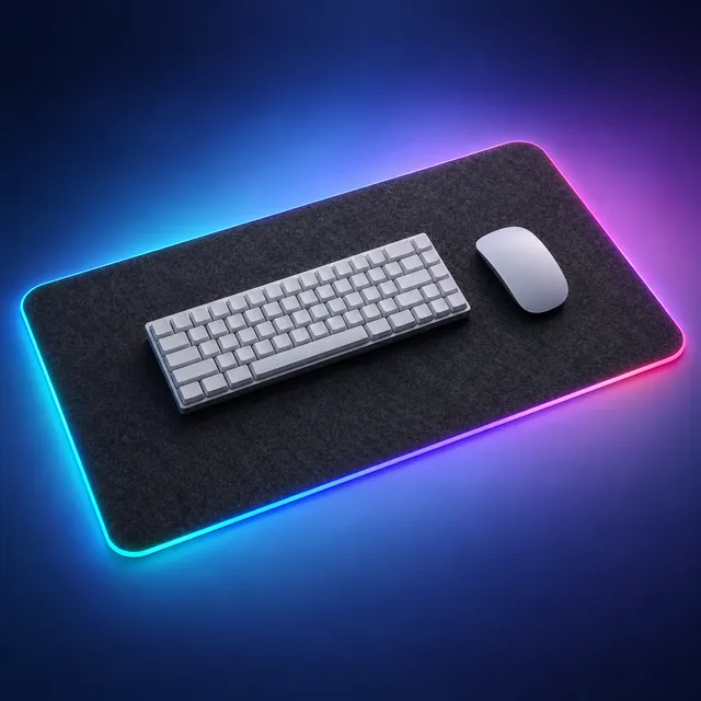 A large black desk mat with a glowing rainbow edge, a white keyboard and a mouse on it