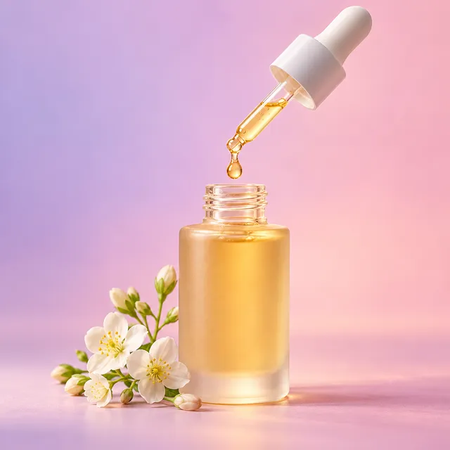 A glass dropper bottle of golden face serum with small white flowers on a pink background